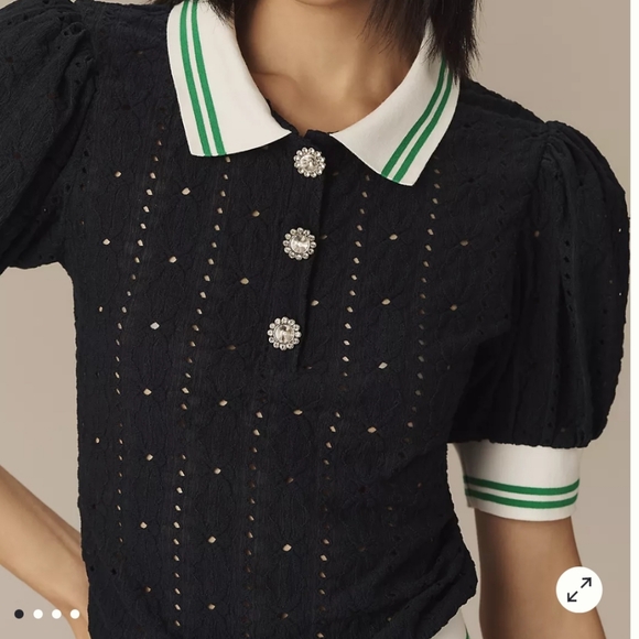 Maeve Tops - Maeve Blue Puff Sleeve Lace Polo Navy Knit Top Size Large NwT.